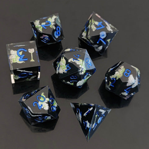 Resin Dice Set with Cat, Butterfly, Volcano, Dragon Egg & Graffiti Designs – Colorful Embedded Dice  Fluorescent Styles for DND & RPG Games
