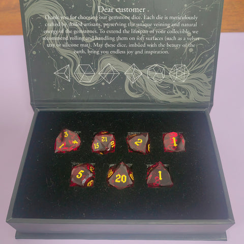 Faceted Red Glass Dice Set – Handcrafted K9 Crystal RPG Dice with Golden Engravings for Dungeons & Dragons & Collectors