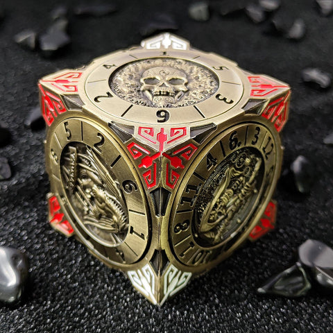 Cube of Legends 7‑in‑1 Rotating Metal Dice Cube – Dragon, Skull & Mythical Engravings, Multiple Color Options