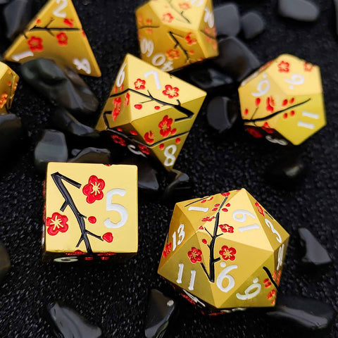 Plum Blossom Solid Metal Dice Set – Multiple Colors with Elegant Floral Design