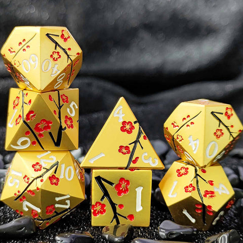 Plum Blossom Solid Metal Dice Set – Multiple Colors with Elegant Floral Design