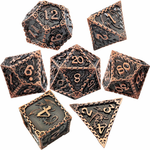 Duskrage Copper Metal Solid Dice Set with Winged Dragon Engraving – Multiple Colors Available