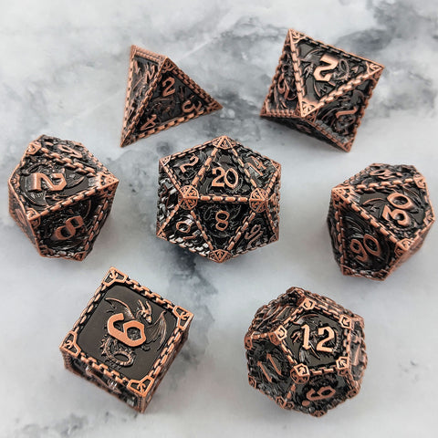 Duskrage Copper Metal Solid Dice Set with Winged Dragon Engraving – Multiple Colors Available