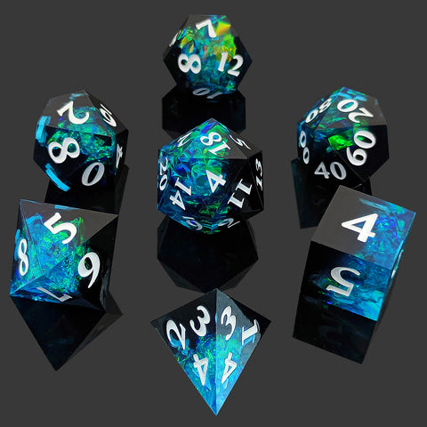 Resin Polyhedral Dice Set – Transparent Color Dice in Skull, Foil, Flower, Poker, Dual-Tone & Heart Styles for DND, Pathfinder, Tabletop Games