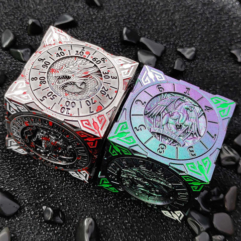Cube of Legends 7‑in‑1 Rotating Metal Dice Cube – Dragon, Skull & Mythical Engravings, Multiple Color Options