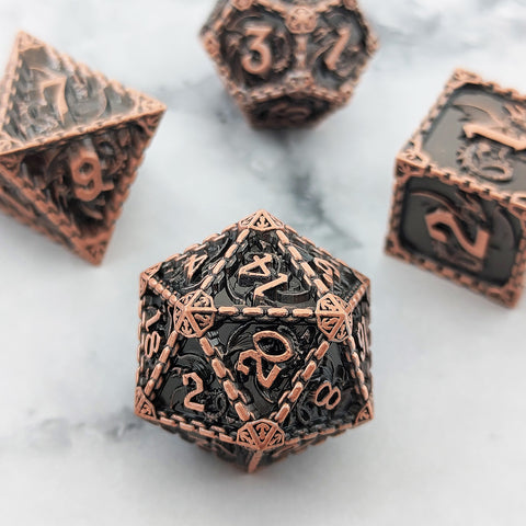 Duskrage Copper Metal Solid Dice Set with Winged Dragon Engraving – Multiple Colors Available