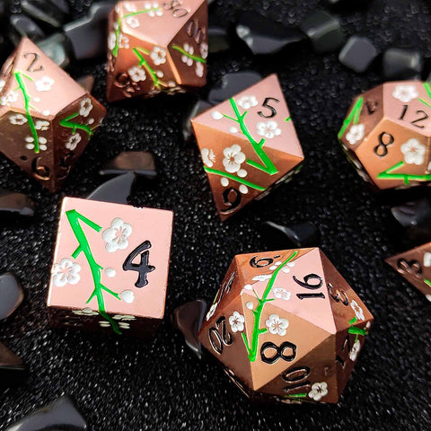 Plum Blossom Solid Metal Dice Set – Multiple Colors with Elegant Floral Design