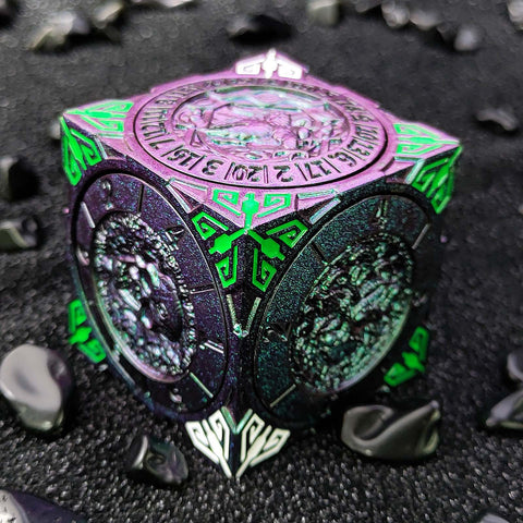 Cube of Legends 7‑in‑1 Rotating Metal Dice Cube – Dragon, Skull & Mythical Engravings, Multiple Color Options