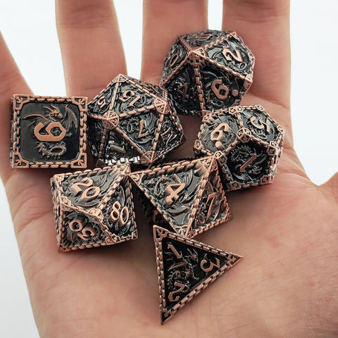Duskrage Copper Metal Solid Dice Set with Winged Dragon Engraving – Multiple Colors Available