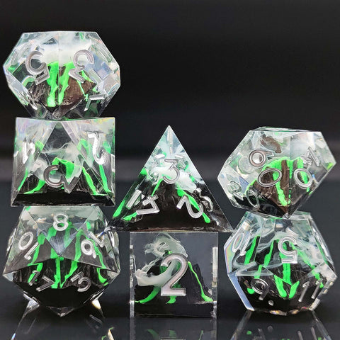Resin Dice Set with Cat, Butterfly, Volcano, Dragon Egg & Graffiti Designs – Colorful Embedded Dice  Fluorescent Styles for DND & RPG Games
