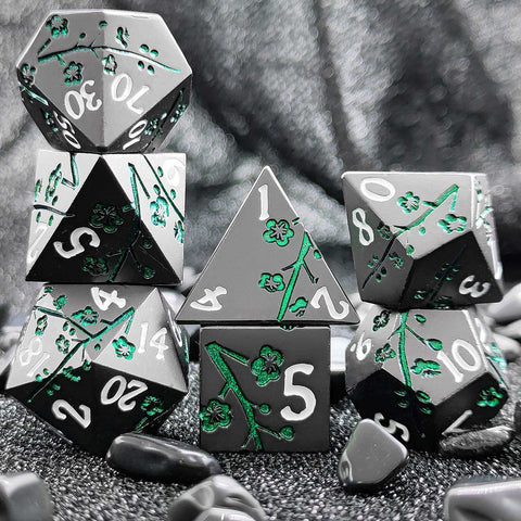 Plum Blossom Solid Metal Dice Set – Multiple Colors with Elegant Floral Design