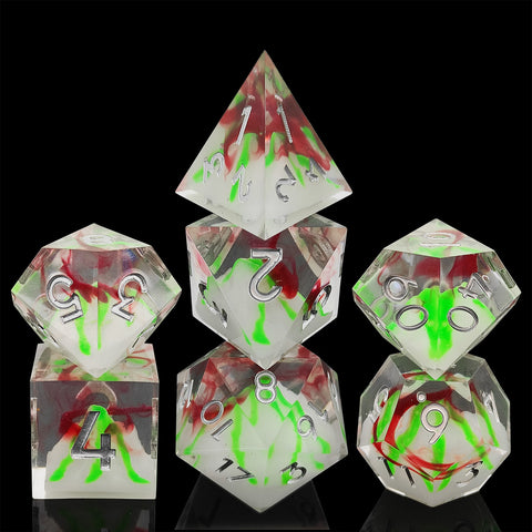 Resin Dice Set with Cat, Butterfly, Volcano, Dragon Egg & Graffiti Designs – Colorful Embedded Dice  Fluorescent Styles for DND & RPG Games