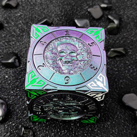 Cube of Legends 7‑in‑1 Rotating Metal Dice Cube – Dragon, Skull & Mythical Engravings, Multiple Color Options