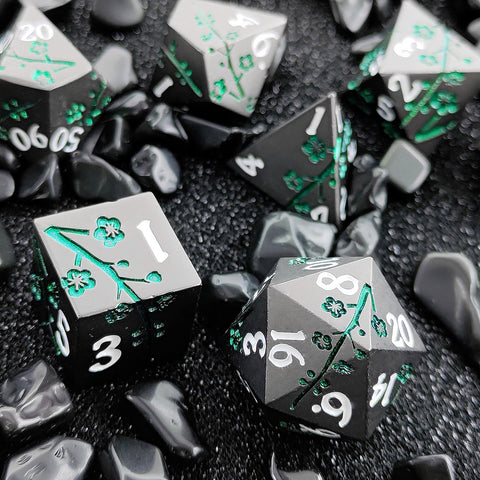 Plum Blossom Solid Metal Dice Set – Multiple Colors with Elegant Floral Design