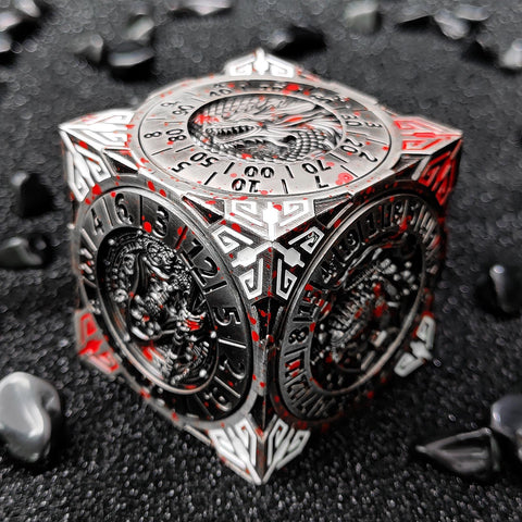 Cube of Legends 7‑in‑1 Rotating Metal Dice Cube – Dragon, Skull & Mythical Engravings, Multiple Color Options