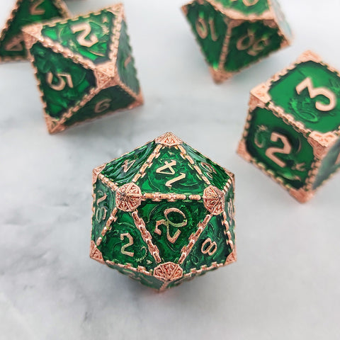 Duskrage Copper Metal Solid Dice Set with Winged Dragon Engraving – Multiple Colors Available
