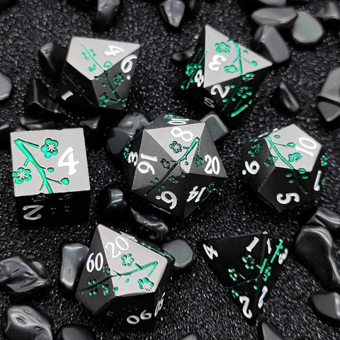 Plum Blossom Solid Metal Dice Set – Multiple Colors with Elegant Floral Design