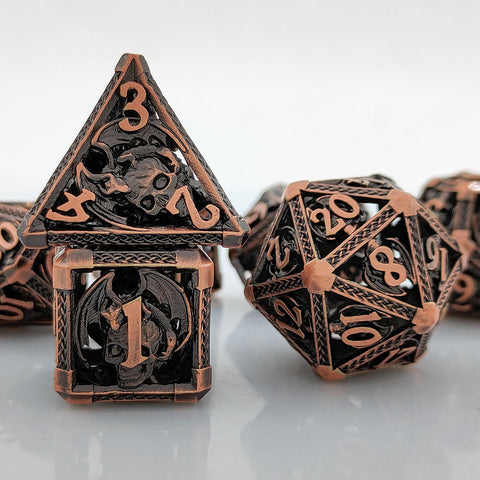 Solid Copper Hollow Dice Set 7‑Piece 3 Antique Copper Finishes