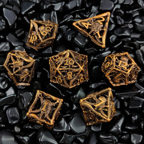 Metal DND Dice Set, Solid Zinc Alloy, 7-Die RPG Polyhedral Set, Ancient Gold Finish, Heavy for Immersive Tabletop Games