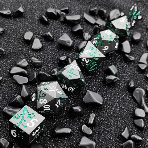 Plum Blossom Solid Metal Dice Set – Multiple Colors with Elegant Floral Design