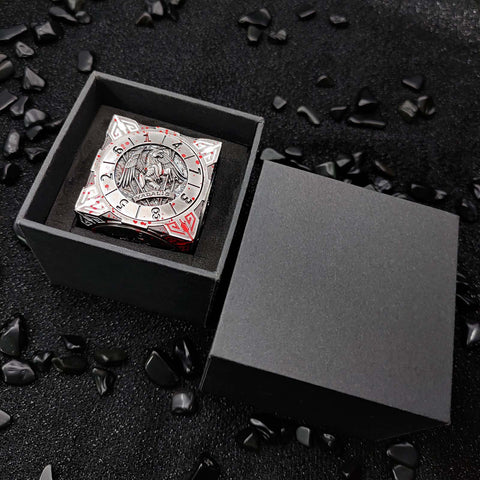 Cube of Legends 7‑in‑1 Rotating Metal Dice Cube – Dragon, Skull & Mythical Engravings, Multiple Color Options