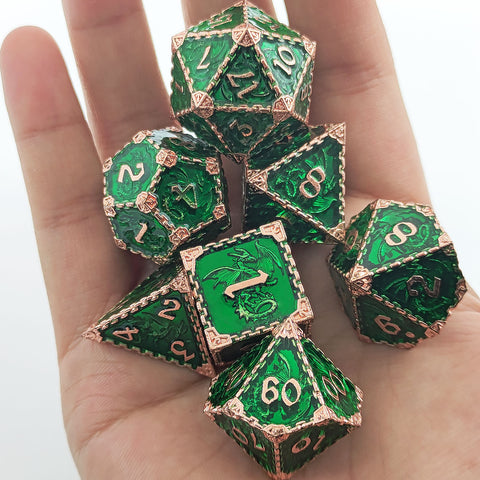 Duskrage Copper Metal Solid Dice Set with Winged Dragon Engraving – Multiple Colors Available