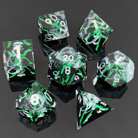 Resin Dice Set with Cat, Butterfly, Volcano, Dragon Egg & Graffiti Designs – Colorful Embedded Dice  Fluorescent Styles for DND & RPG Games