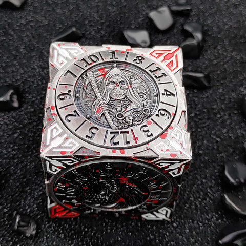 Cube of Legends 7‑in‑1 Rotating Metal Dice Cube – Dragon, Skull & Mythical Engravings, Multiple Color Options