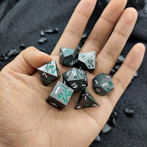 Plum Blossom Solid Metal Dice Set – Multiple Colors with Elegant Floral Design