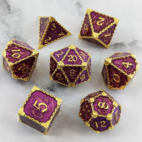 Duskrage Copper Metal Solid Dice Set with Winged Dragon Engraving – Multiple Colors Available