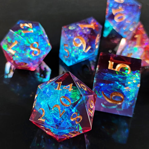 Resin Polyhedral Dice Set – Transparent Color Dice in Skull, Foil, Flower, Poker, Dual-Tone & Heart Styles for DND, Pathfinder, Tabletop Games