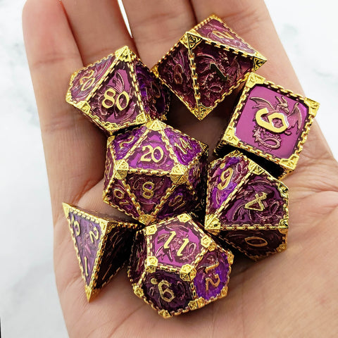Duskrage Copper Metal Solid Dice Set with Winged Dragon Engraving – Multiple Colors Available