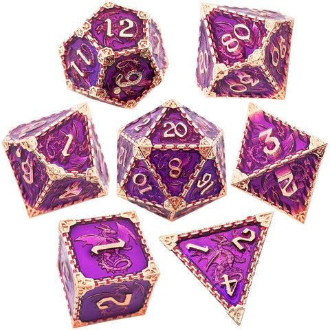 Duskrage Copper Metal Solid Dice Set with Winged Dragon Engraving – Multiple Colors Available