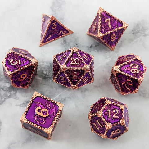 Duskrage Copper Metal Solid Dice Set with Winged Dragon Engraving – Multiple Colors Available