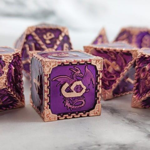 Duskrage Copper Metal Solid Dice Set with Winged Dragon Engraving – Multiple Colors Available