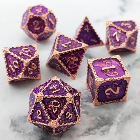 Duskrage Copper Metal Solid Dice Set with Winged Dragon Engraving – Multiple Colors Available