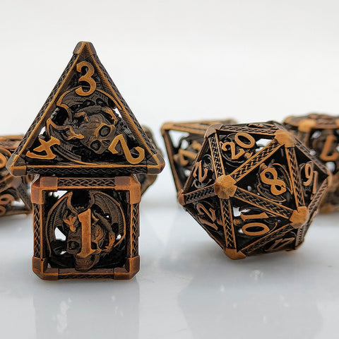 Solid Copper Hollow Dice Set 7‑Piece 3 Antique Copper Finishes