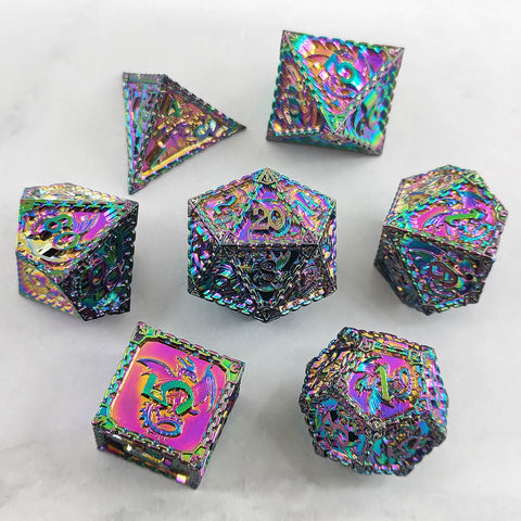 Duskrage Copper Metal Solid Dice Set with Winged Dragon Engraving – Multiple Colors Available