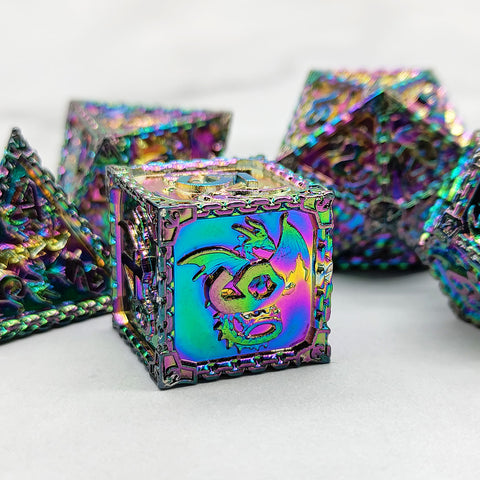 Duskrage Copper Metal Solid Dice Set with Winged Dragon Engraving – Multiple Colors Available