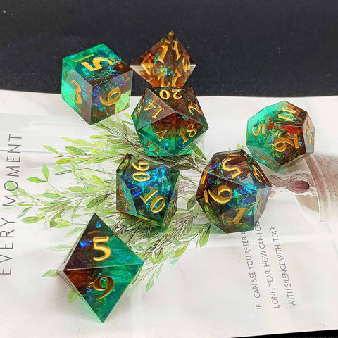 Resin Polyhedral Dice Set – Transparent Color Dice in Skull, Foil, Flower, Poker, Dual-Tone & Heart Styles for DND, Pathfinder, Tabletop Games
