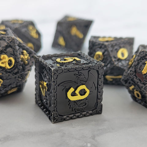 Duskrage Copper Metal Solid Dice Set with Winged Dragon Engraving – Multiple Colors Available