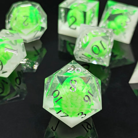 Resin Dice Set with Cat, Butterfly, Volcano, Dragon Egg & Graffiti Designs – Colorful Embedded Dice  Fluorescent Styles for DND & RPG Games