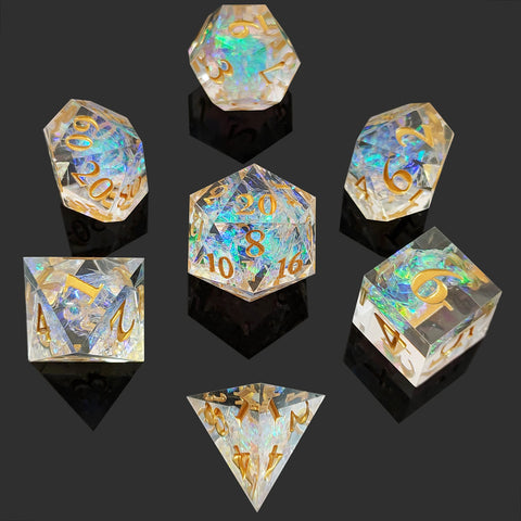 Resin Polyhedral Dice Set – Transparent Color Dice in Skull, Foil, Flower, Poker, Dual-Tone & Heart Styles for DND, Pathfinder, Tabletop Games