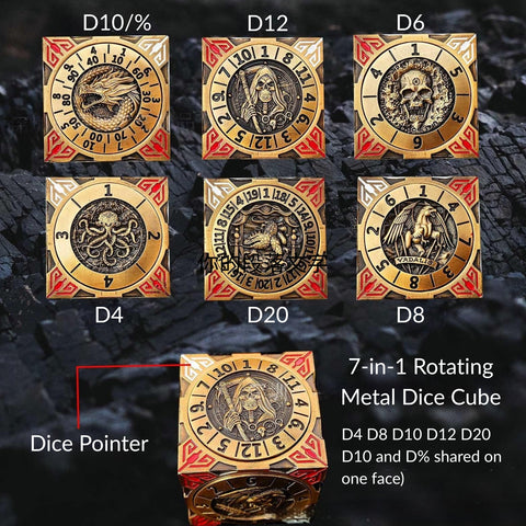 Cube of Legends 7‑in‑1 Rotating Metal Dice Cube – Dragon, Skull & Mythical Engravings, Multiple Color Options