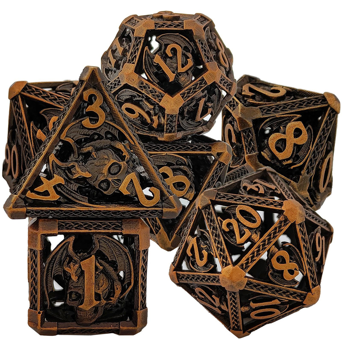 Solid Copper Hollow Dice Set 7‑Piece 3 Antique Copper Finishes