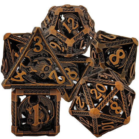 Solid Copper Hollow Dice Set 7‑Piece 3 Antique Copper Finishes