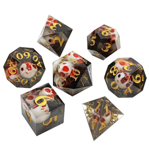 Resin Polyhedral Dice Set – Transparent Color Dice in Skull, Foil, Flower, Poker, Dual-Tone & Heart Styles for DND, Pathfinder, Tabletop Games