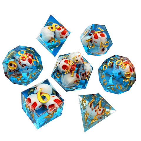 Resin Polyhedral Dice Set – Transparent Color Dice in Skull, Foil, Flower, Poker, Dual-Tone & Heart Styles for DND, Pathfinder, Tabletop Games