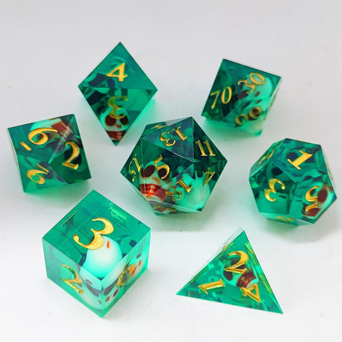 Resin Polyhedral Dice Set – Transparent Color Dice in Skull, Foil, Flower, Poker, Dual-Tone & Heart Styles for DND, Pathfinder, Tabletop Games