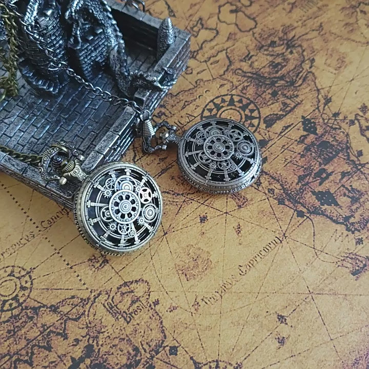 Cyber Gear Metal Dice Set – Retro Alloy RPG Dice with Vintage Pocket Watch Case (Antique Green & Antique Silver)